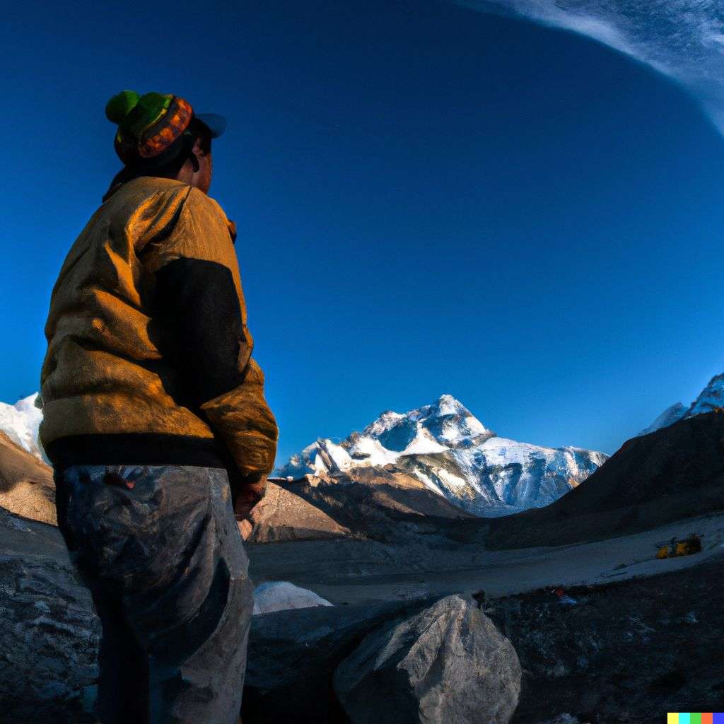 someone gazing at Mount Everest, photograph taken with a fisheye lens, 10mm